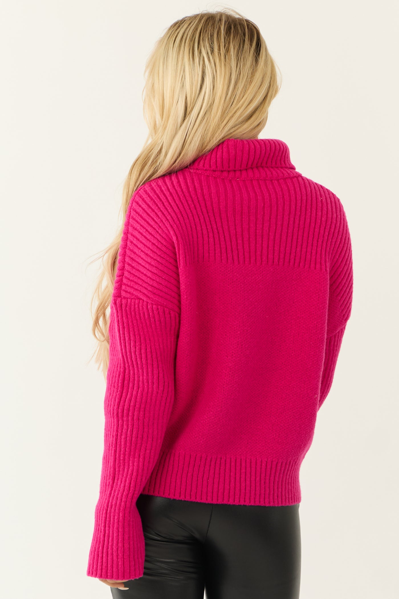 Magenta Thick Ribbed Knit Turtleneck Sweater