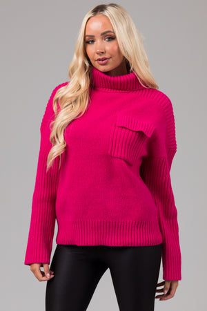 Magenta Thick Ribbed Knit Turtleneck Sweater