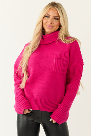 Magenta Thick Ribbed Knit Turtleneck Sweater