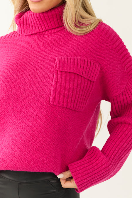 Magenta Thick Ribbed Knit Turtleneck Sweater