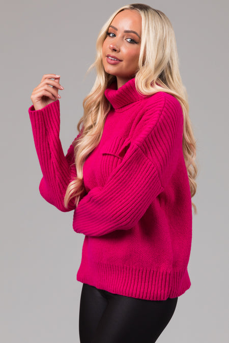 Magenta Thick Ribbed Knit Turtleneck Sweater