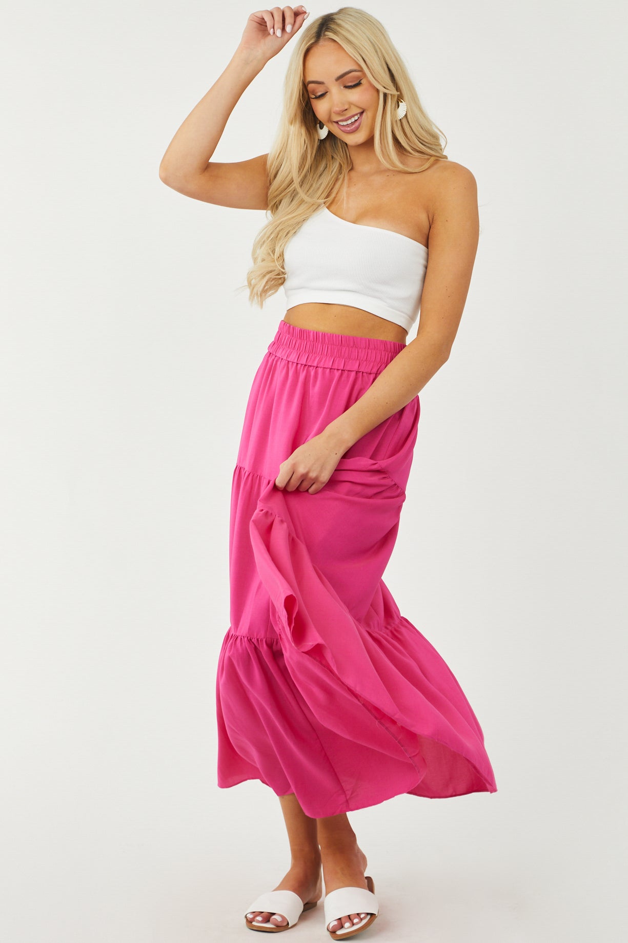 Magenta Tiered Smocked Waist Woven Maxi Skirt