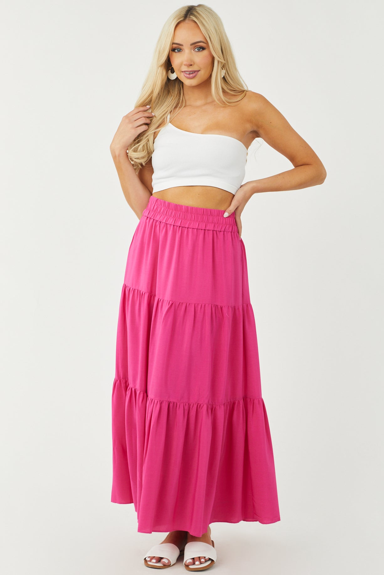 Magenta Tiered Smocked Waist Woven Maxi Skirt