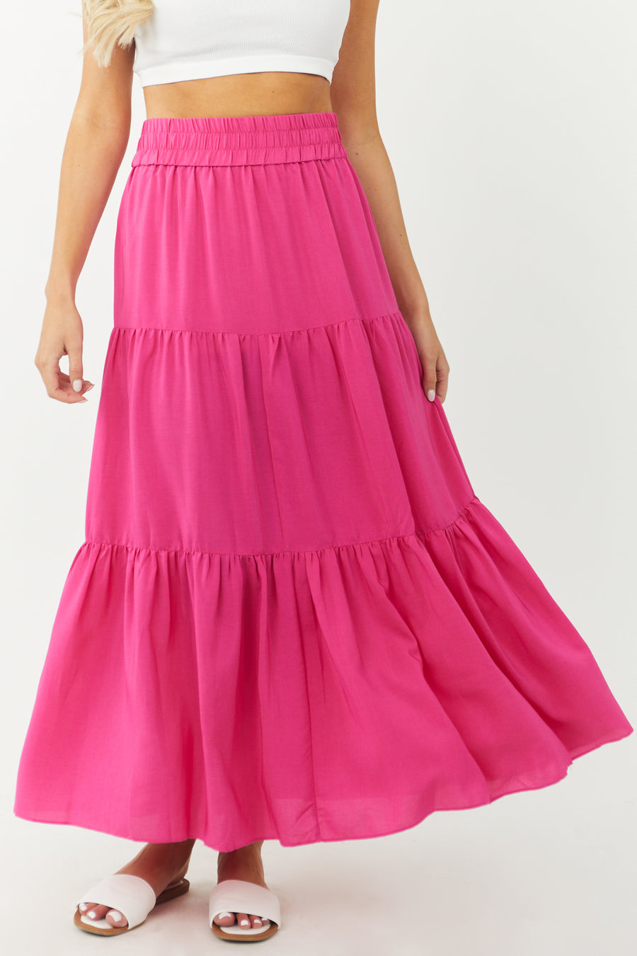 Magenta Tiered Smocked Waist Woven Maxi Skirt