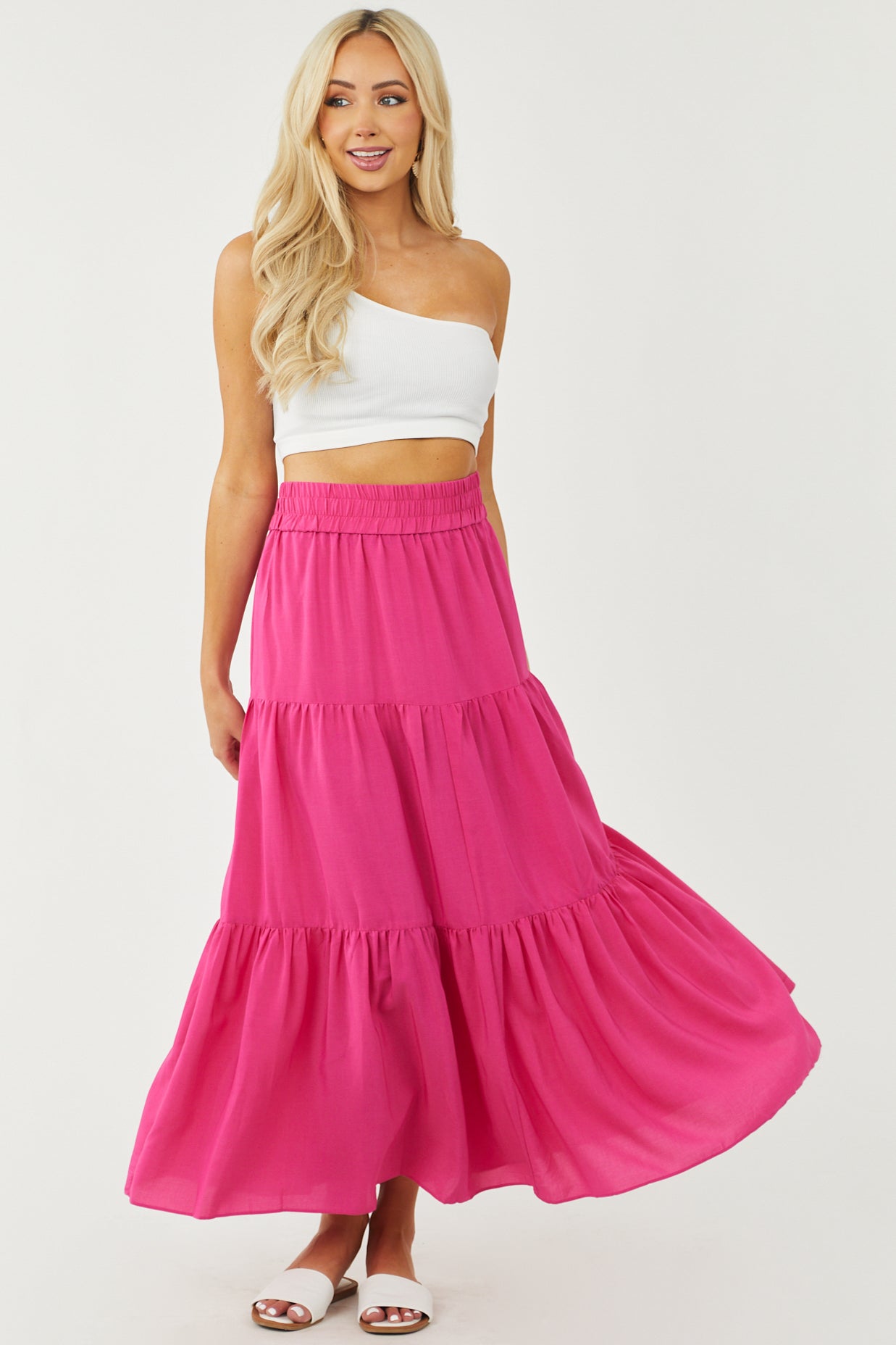 Magenta Tiered Smocked Waist Woven Maxi Skirt