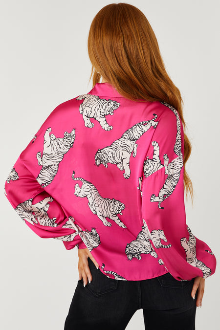 Magenta Tiger Printed Front Tie Satin Blouse