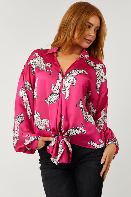 Magenta Tiger Printed Front Tie Satin Blouse