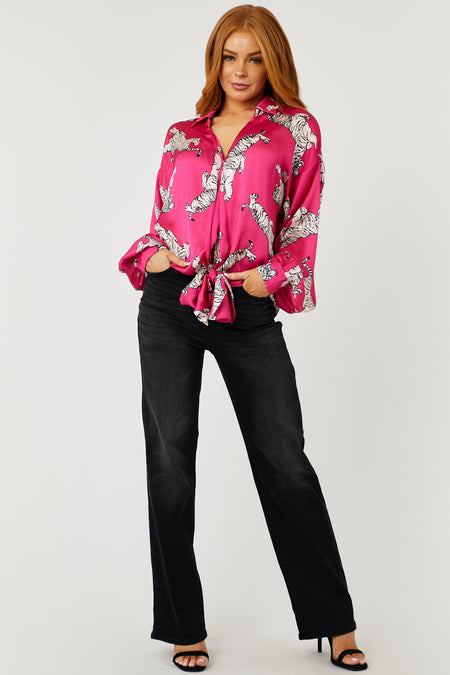 Magenta Tiger Printed Front Tie Satin Blouse