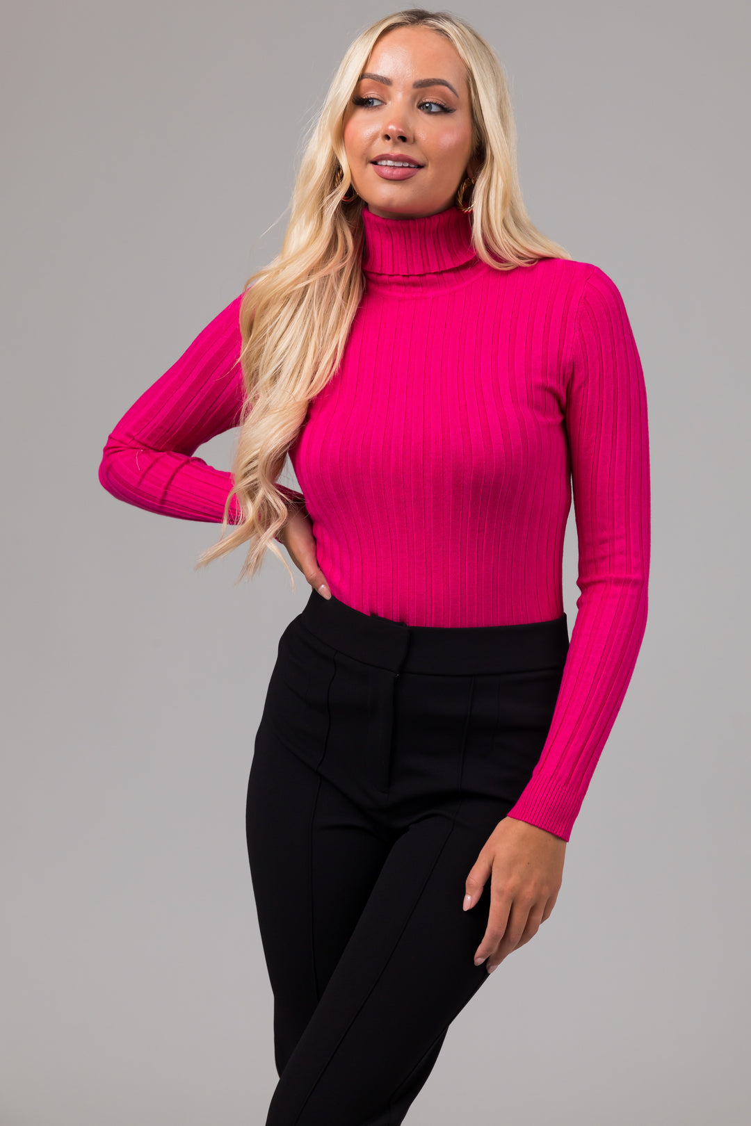 Magenta Turtleneck Long Sleeve Knit Sweater And Lime Lush