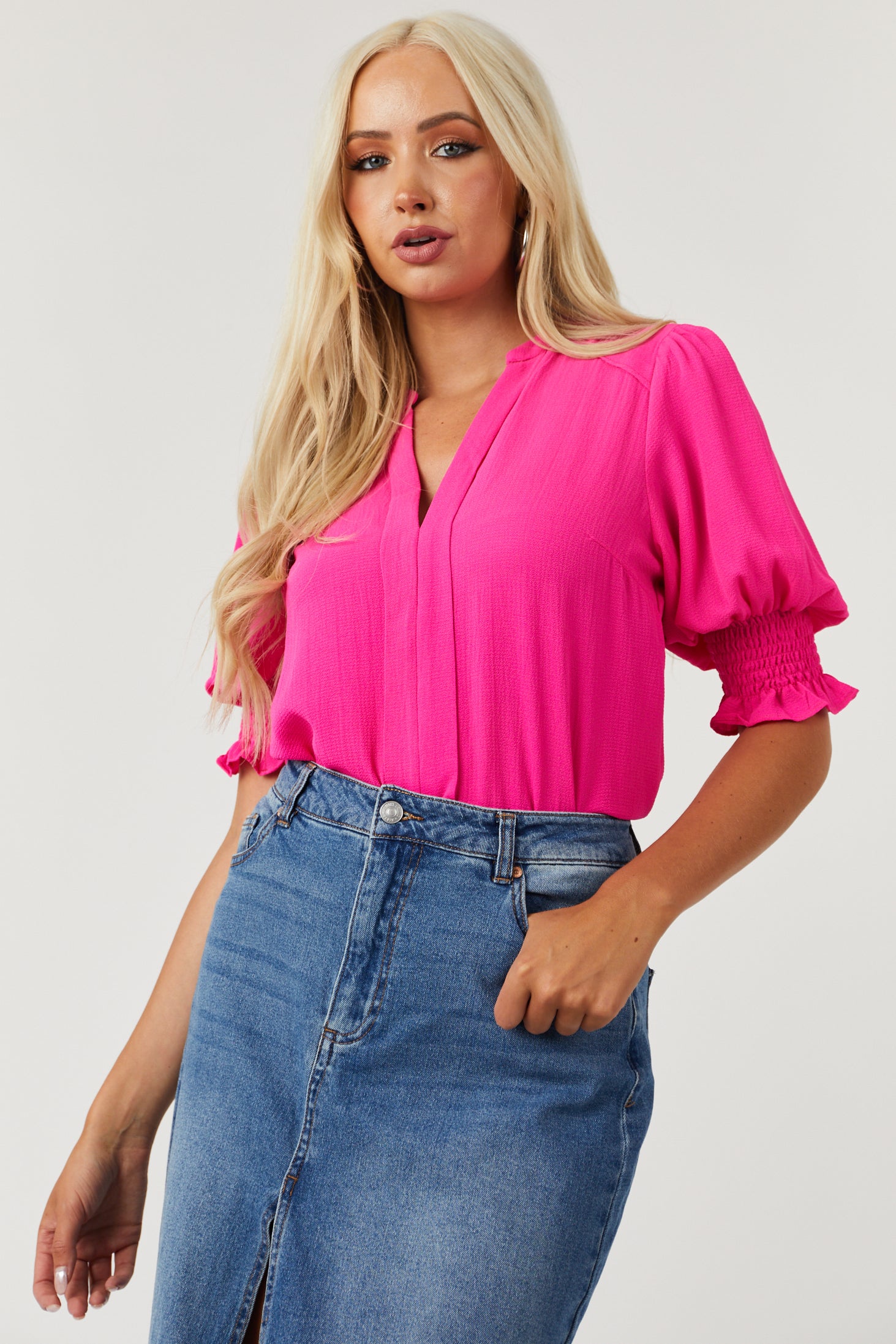 Magenta V Neck Smocked Puff Sleeve Blouse