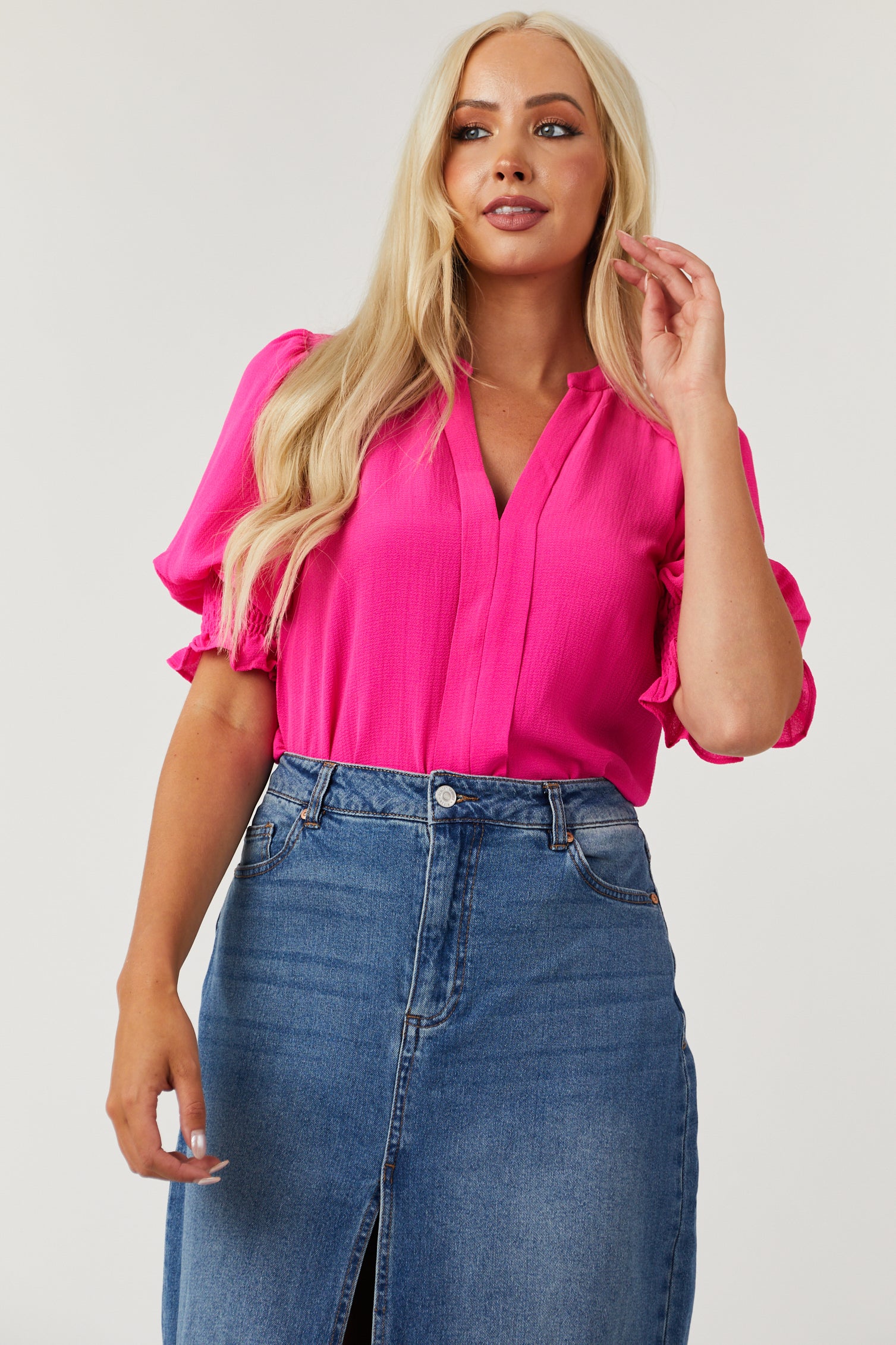 Magenta V Neck Smocked Puff Sleeve Blouse