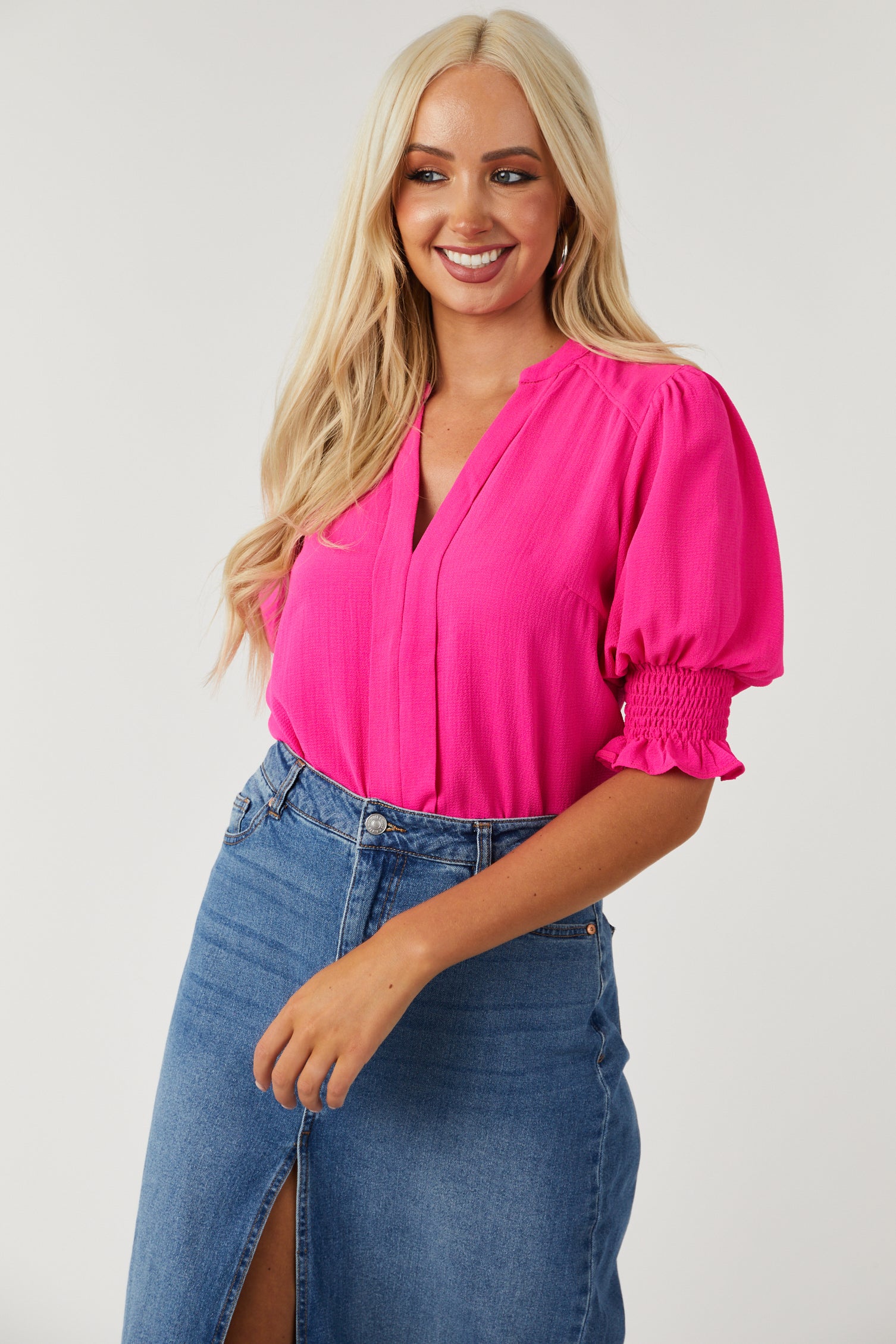 Magenta V Neck Smocked Puff Sleeve Blouse