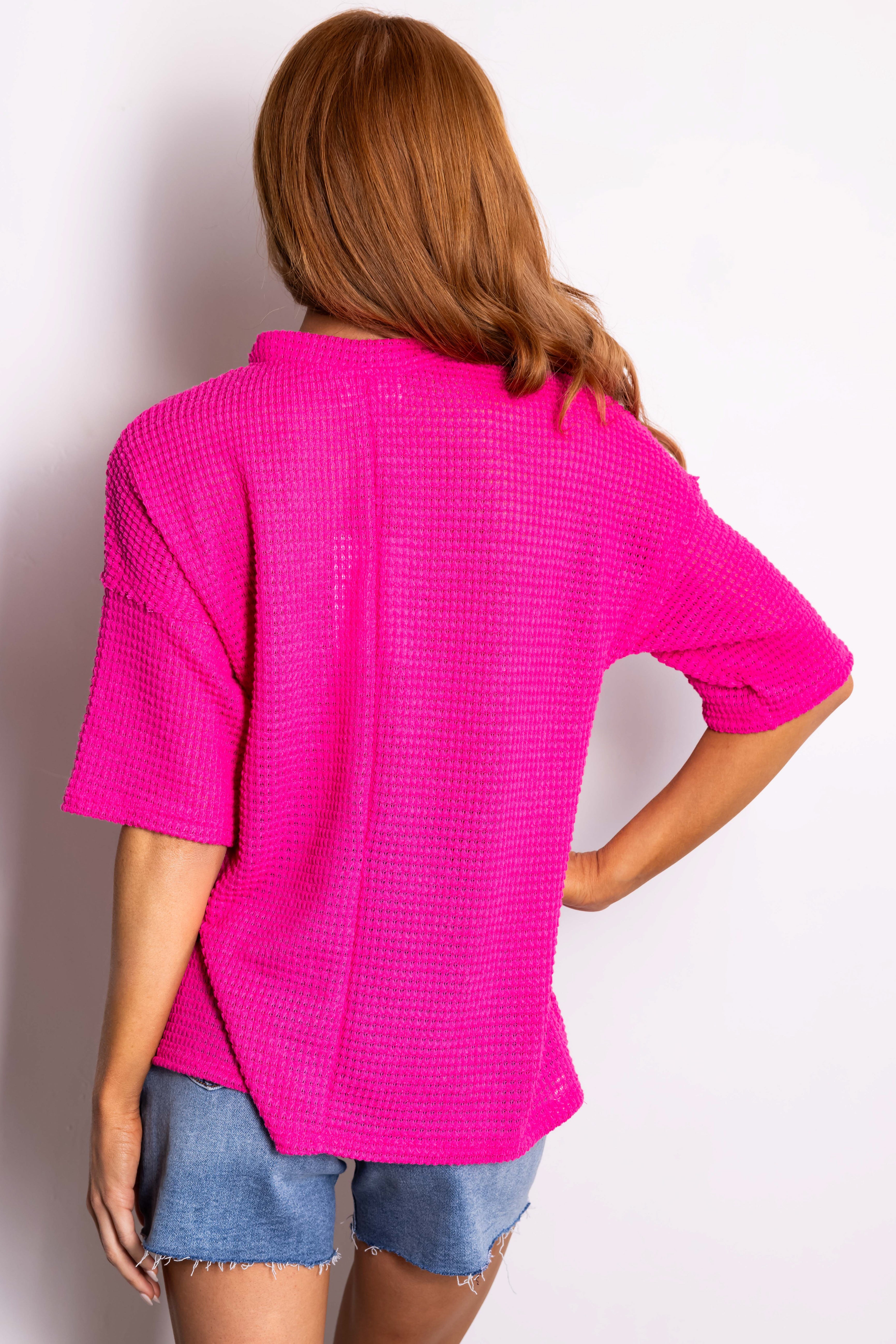 Magenta Waffle Knit Half Sleeve Button Top