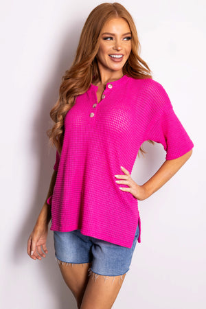 Magenta Waffle Knit Half Sleeve Button Top