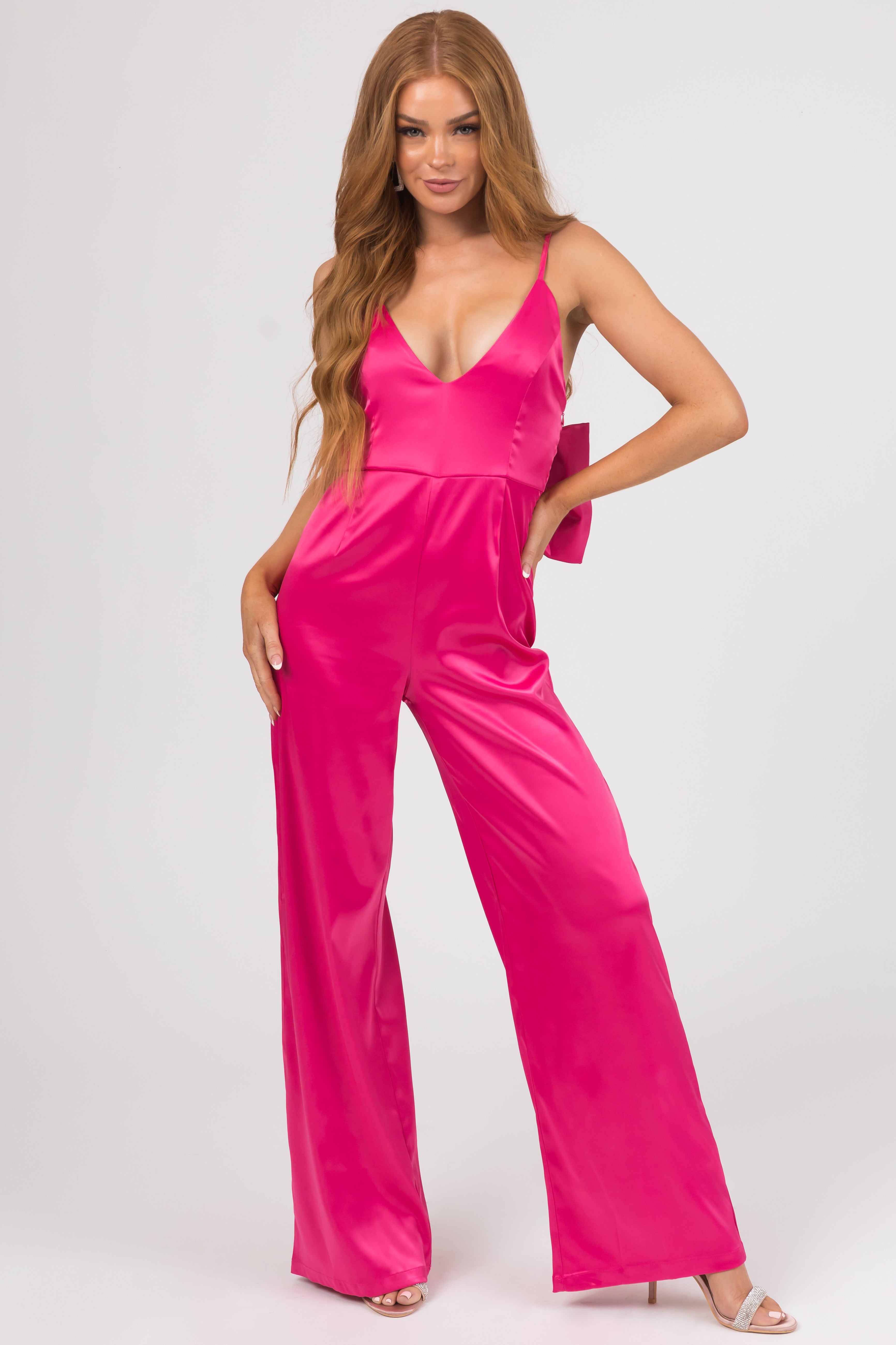 Magenta Wide Leg Jumpsuit with Bow Back