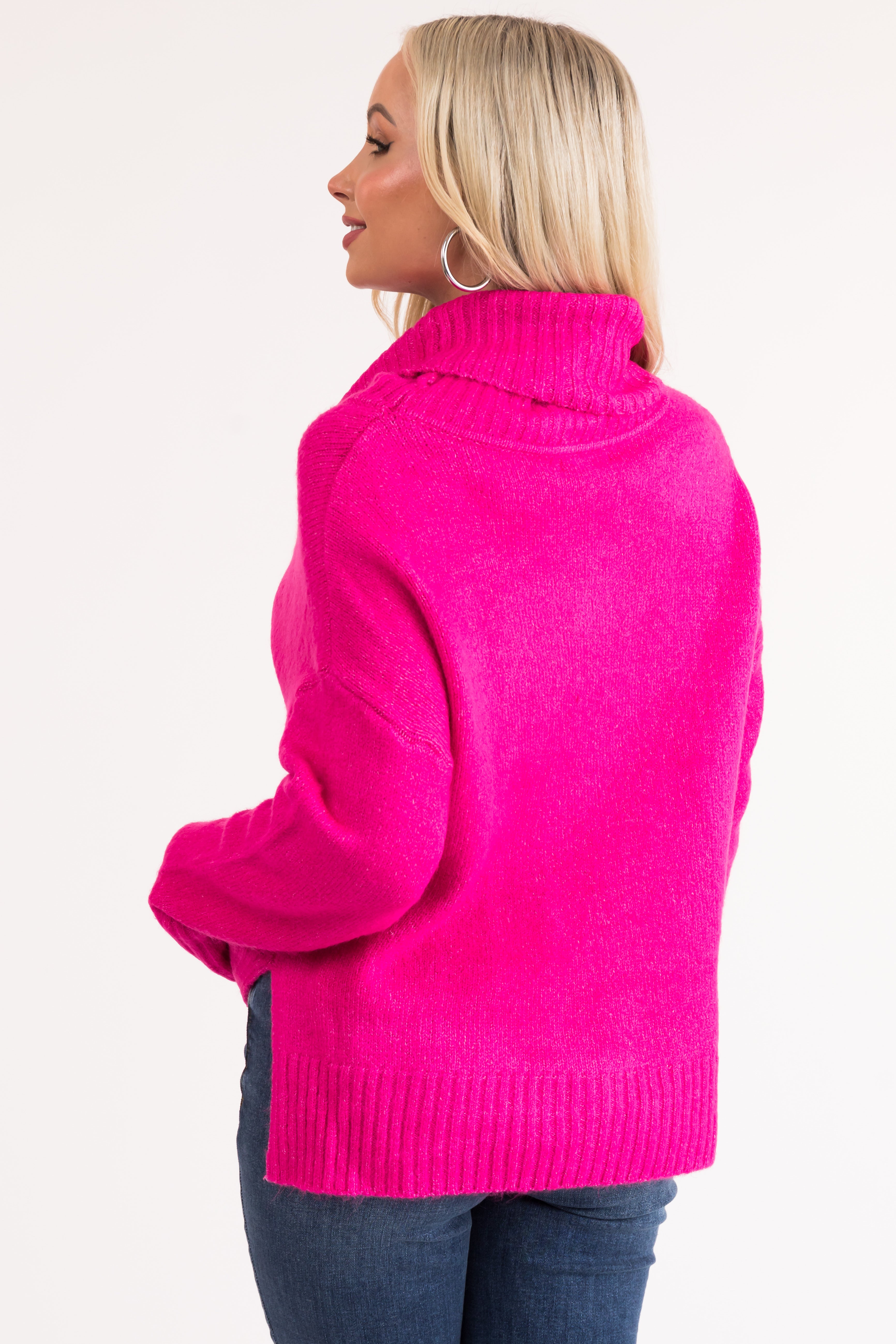 Magenta Wide Turtleneck Side Slit Sweater | Lime Lush