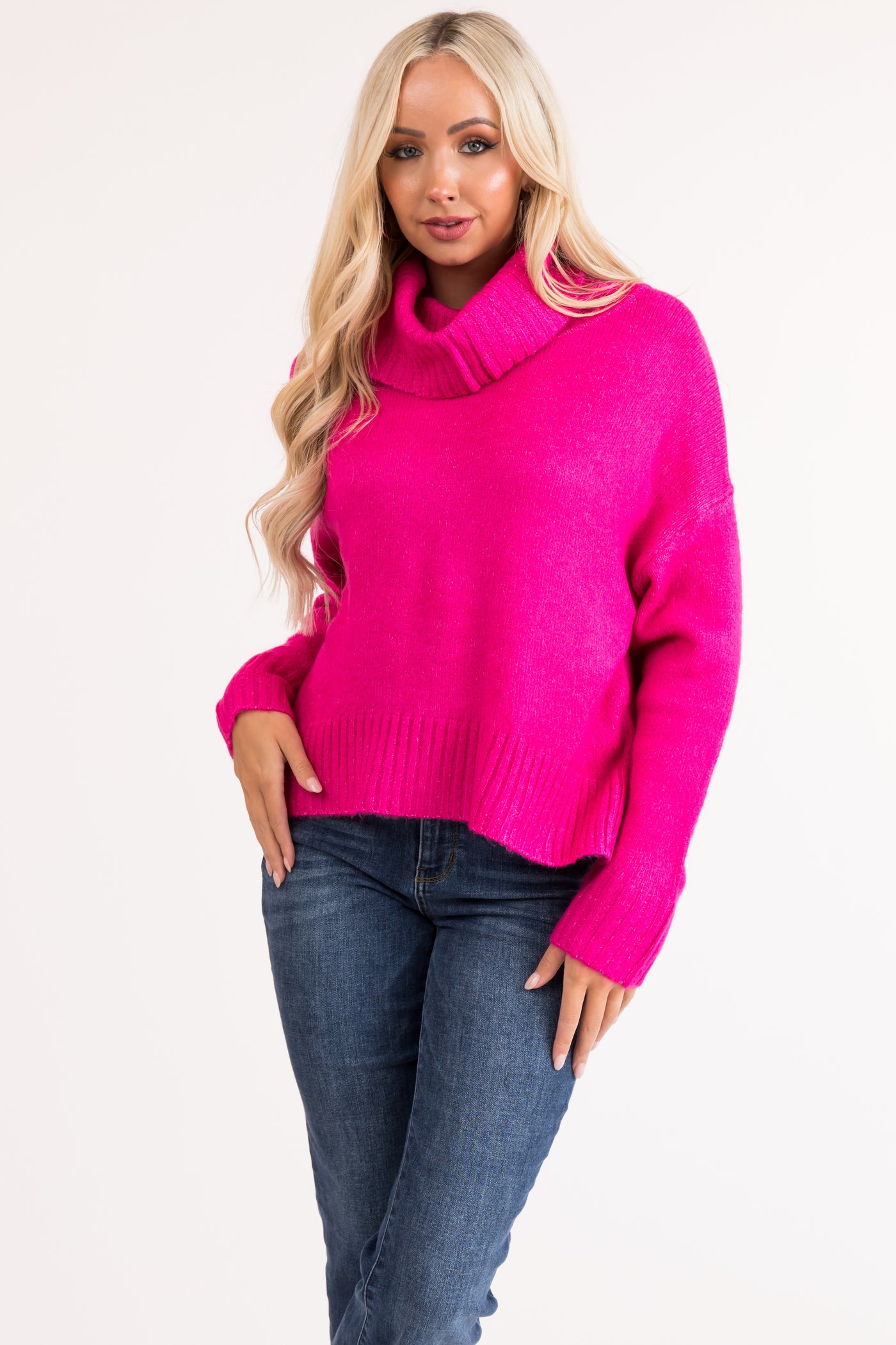 Magenta Wide Turtleneck Side Slit Sweater