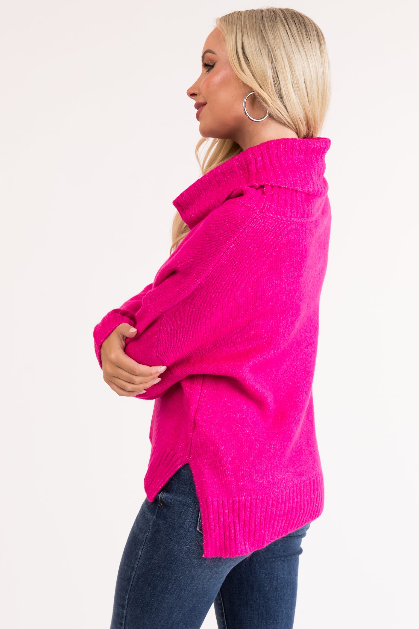 Magenta Wide Turtleneck Side Slit Sweater