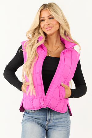 Magenta Zip Up Mock Neck Padded Puffer Vest