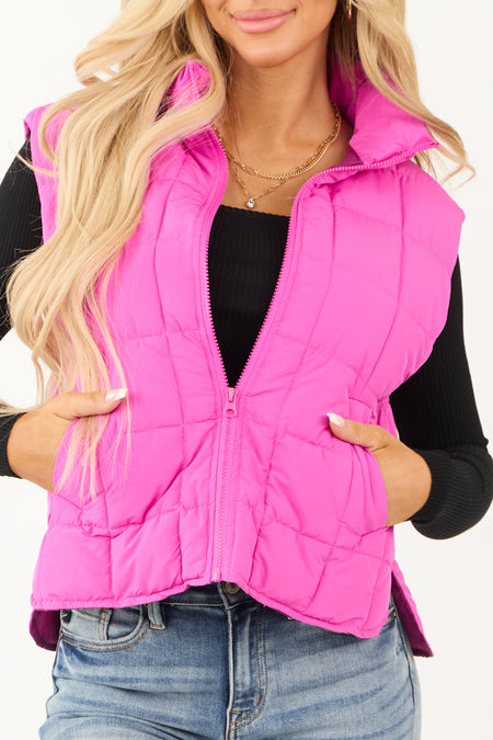 Magenta Zip Up Mock Neck Padded Puffer Vest