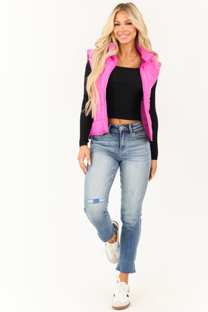 Magenta Zip Up Mock Neck Padded Puffer Vest