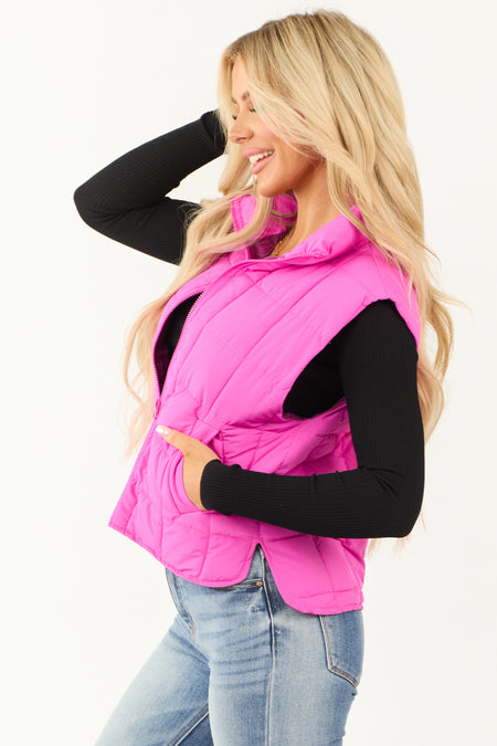 Magenta Zip Up Mock Neck Padded Puffer Vest