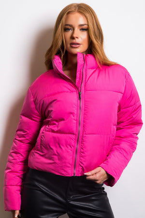 Magenta Zip Up Quilted Puffer Jacket