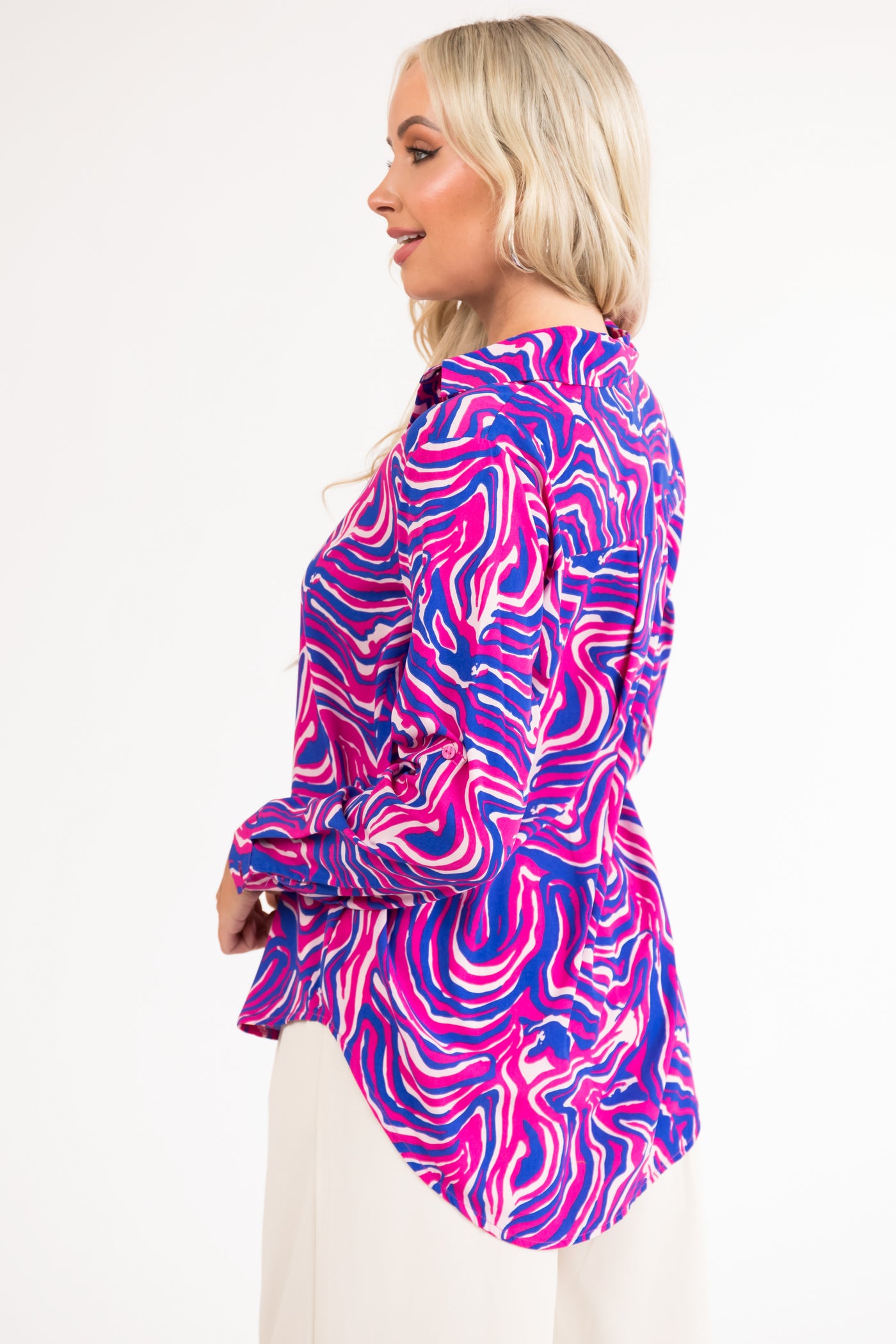 Magenta and Cobalt Abstract Button Up Blouse