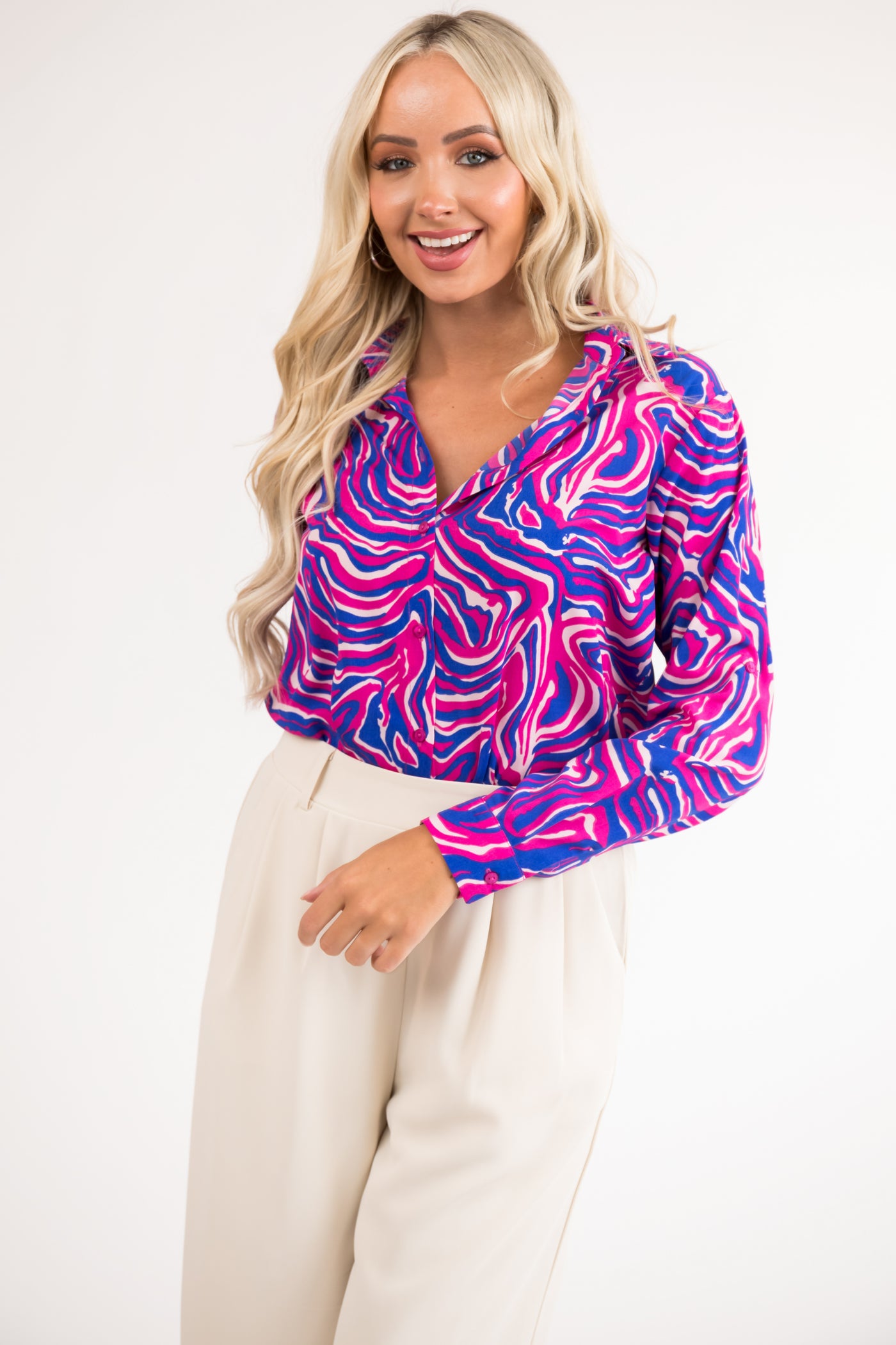 Magenta and Cobalt Abstract Button Up Blouse