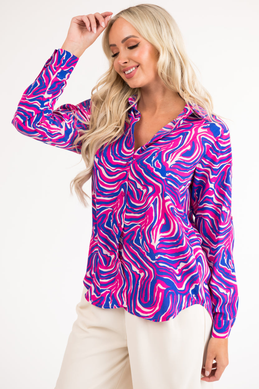 Magenta and Cobalt Abstract Button Up Blouse