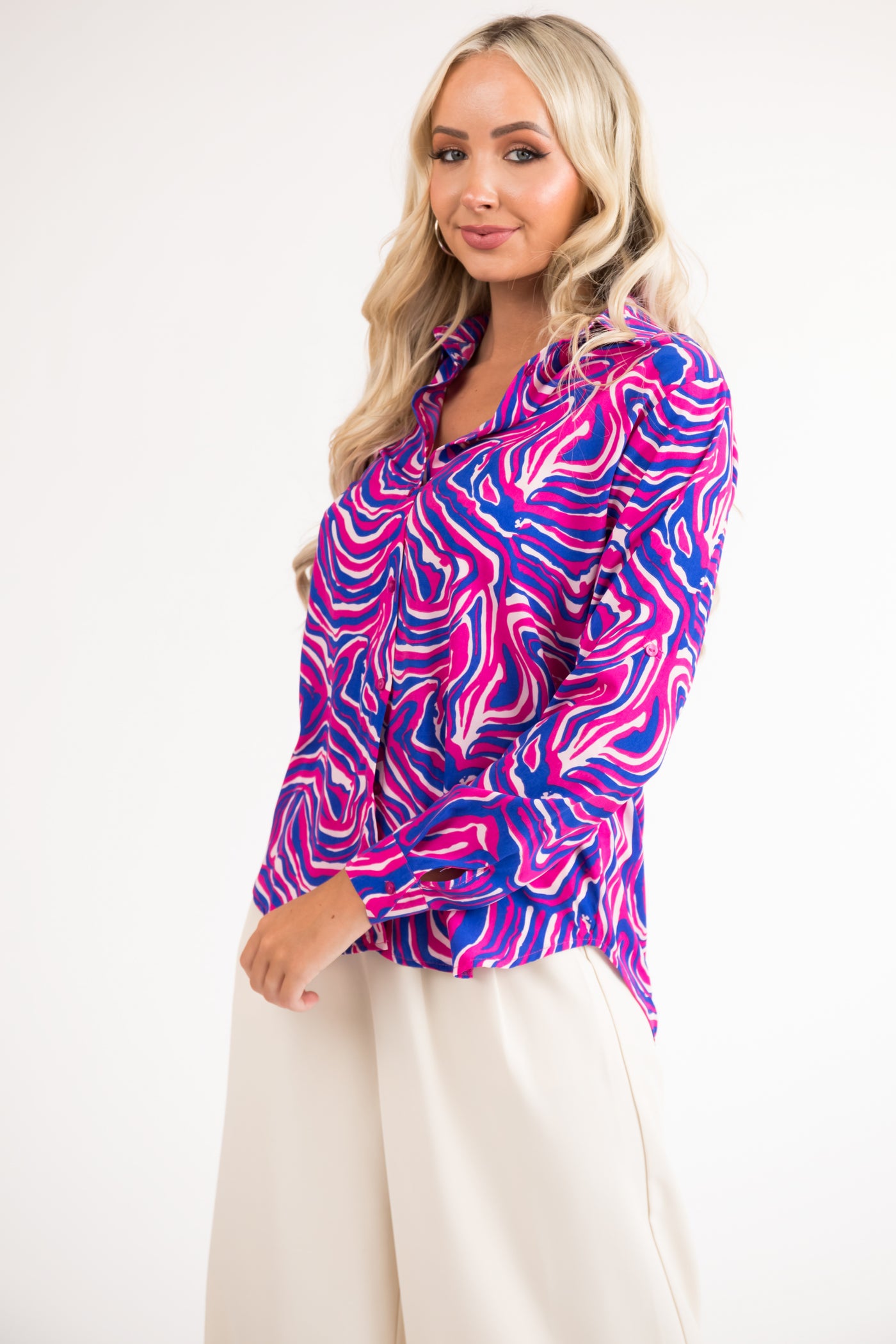 Magenta and Cobalt Abstract Button Up Blouse