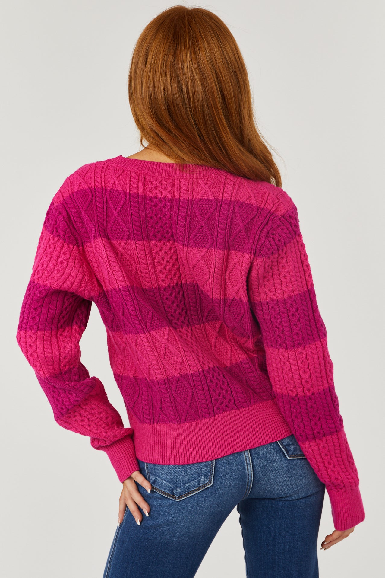 Magenta and Fuchsia Striped Cable Knit Sweater