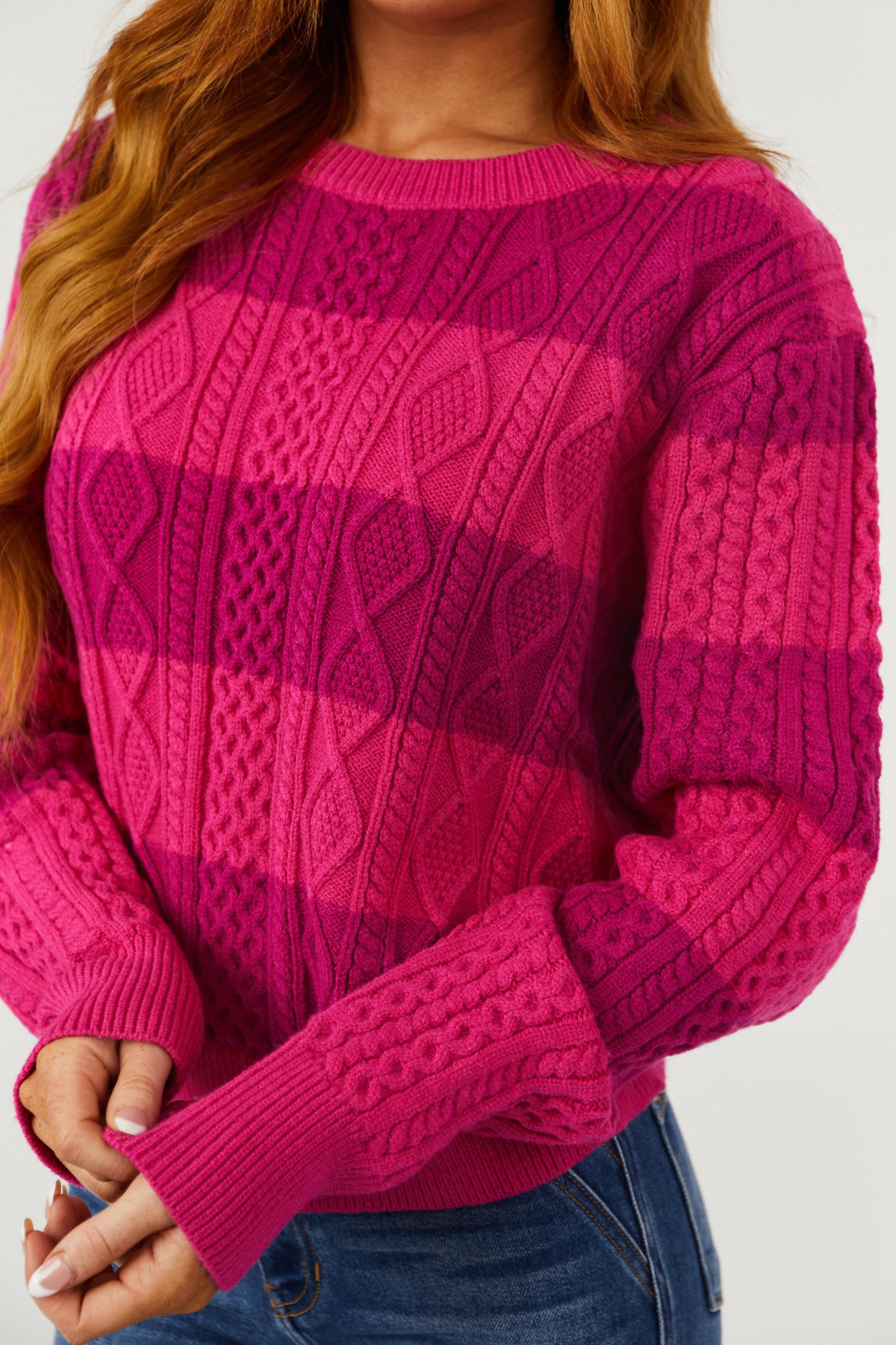 Magenta and Fuchsia Striped Cable Knit Sweater