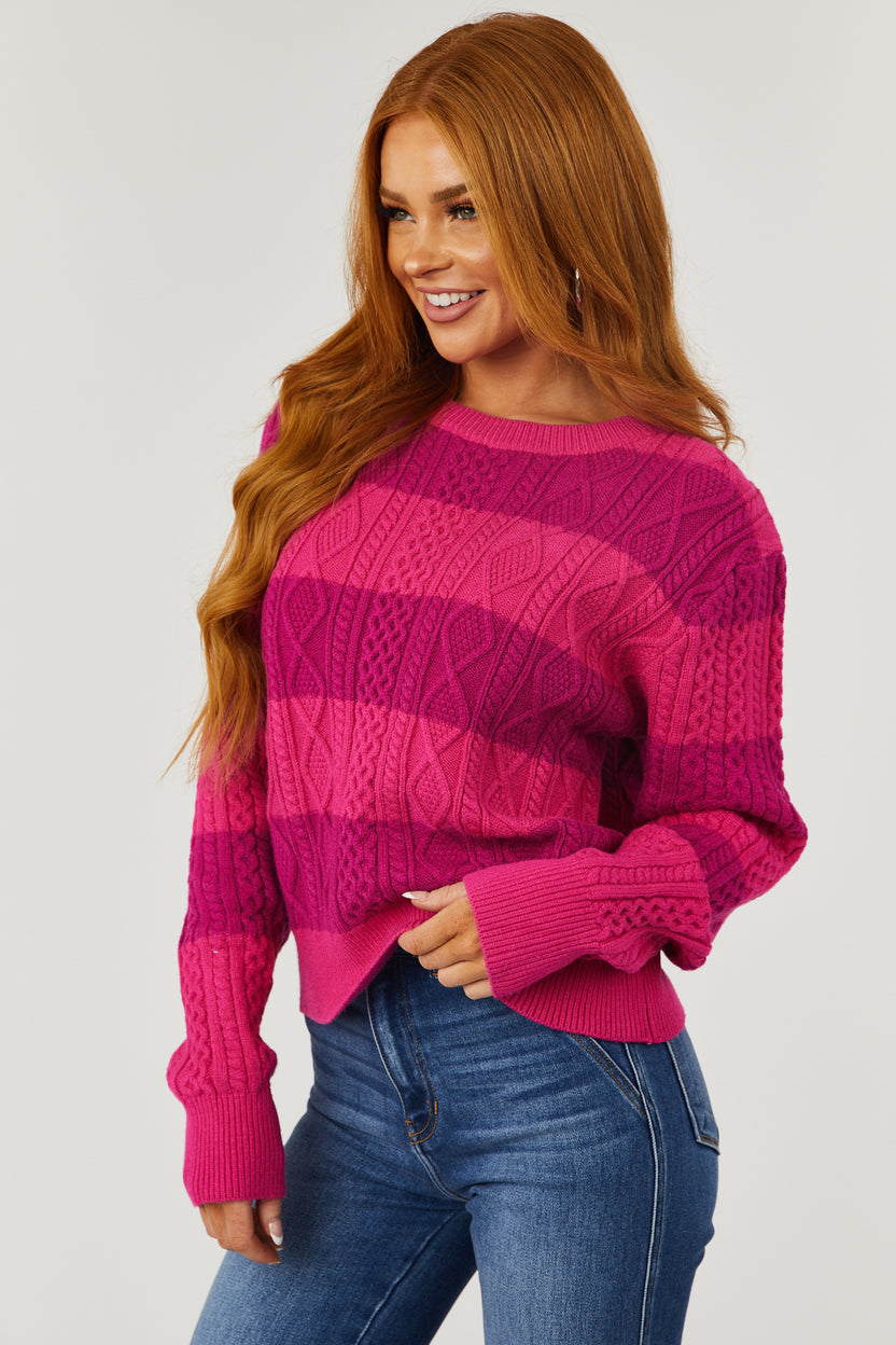 Magenta and Fuchsia Striped Cable Knit Sweater