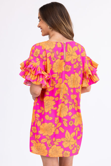 Magenta and Tangerine Floral Print Short Dress