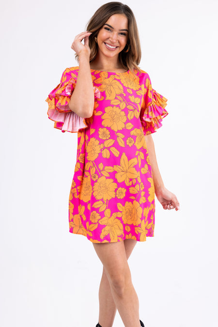 Magenta and Tangerine Floral Print Short Dress