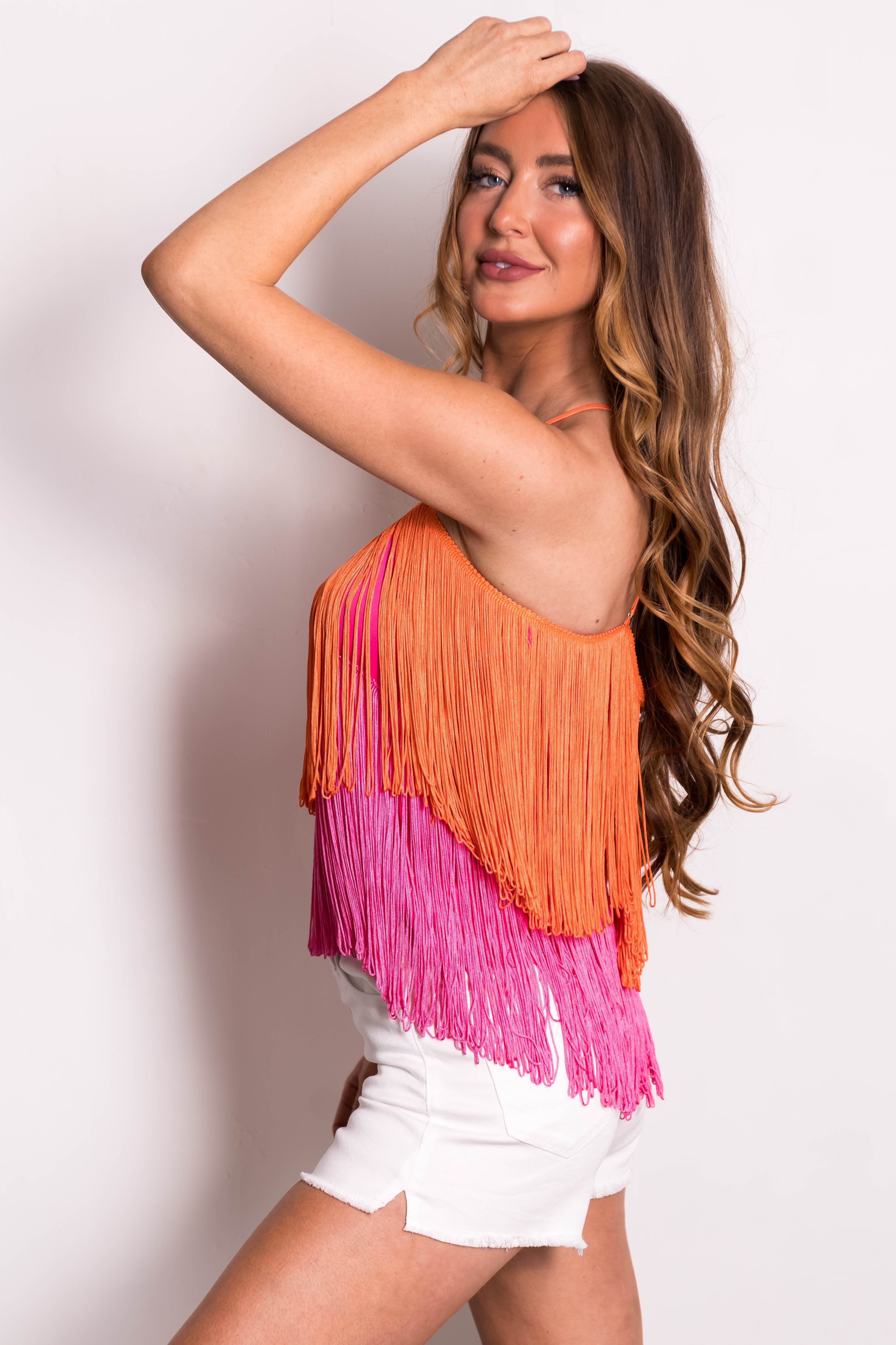 Magenta and Tangerine Fringe Sleeveless Top