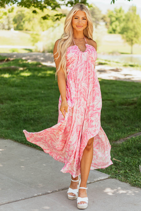 Magenta Floral Print Deep V Neck Maxi Dress