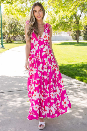 Magenta Floral Print Open Back Maxi Dress