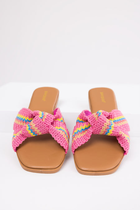 Magenta Knit Strap Open Toe Flat Sandals