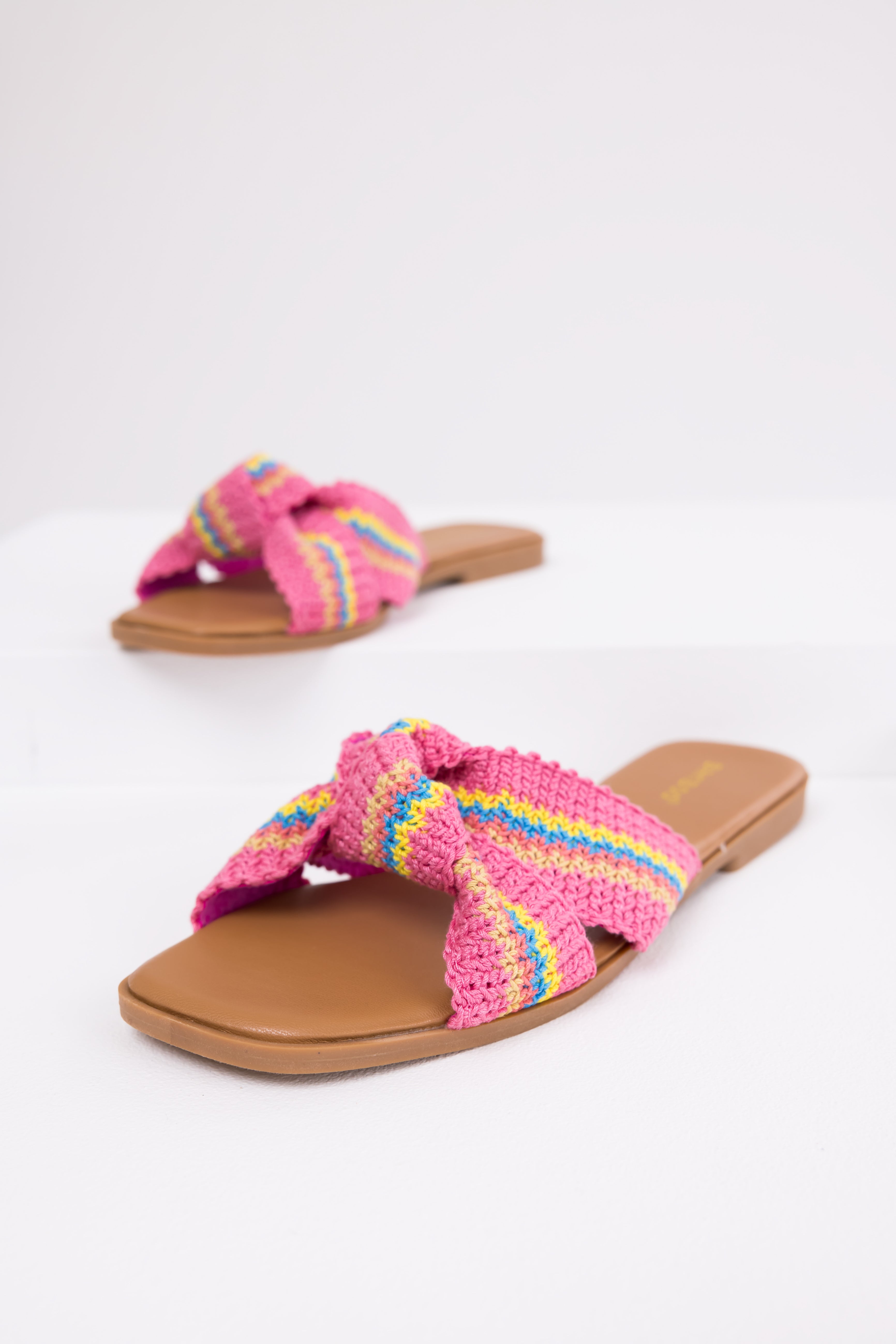 Magenta Knit Strap Open Toe Flat Sandals