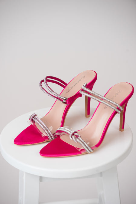 Magenta Satin Rhinestone Strap Pointed Heels