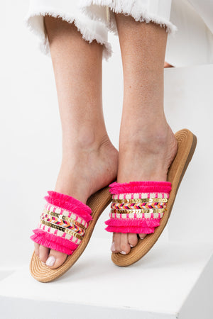 Magenta Slip On Fringe Sandals