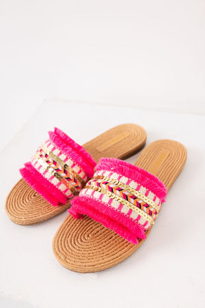 Magenta Slip On Fringe Sandals