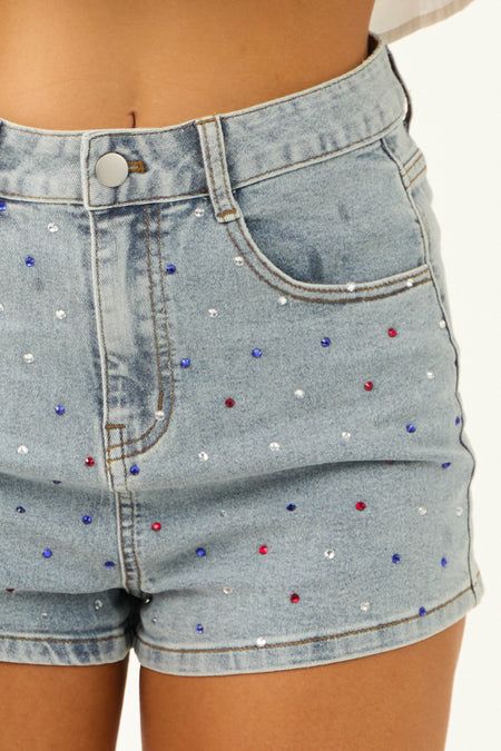 Main Strip Medium Wash Denim Rhinestone Shorts