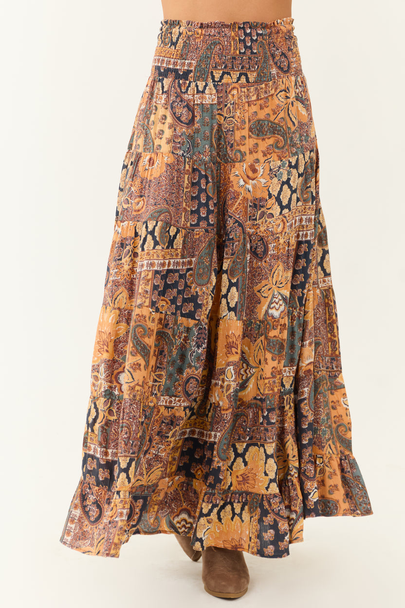 Mango Floral Print Smocked Waist Tiered Maxi Skirt