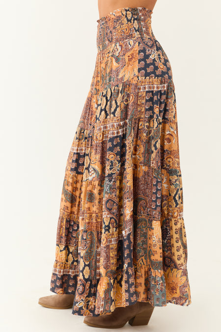 Mango Floral Print Smocked Waist Tiered Maxi Skirt