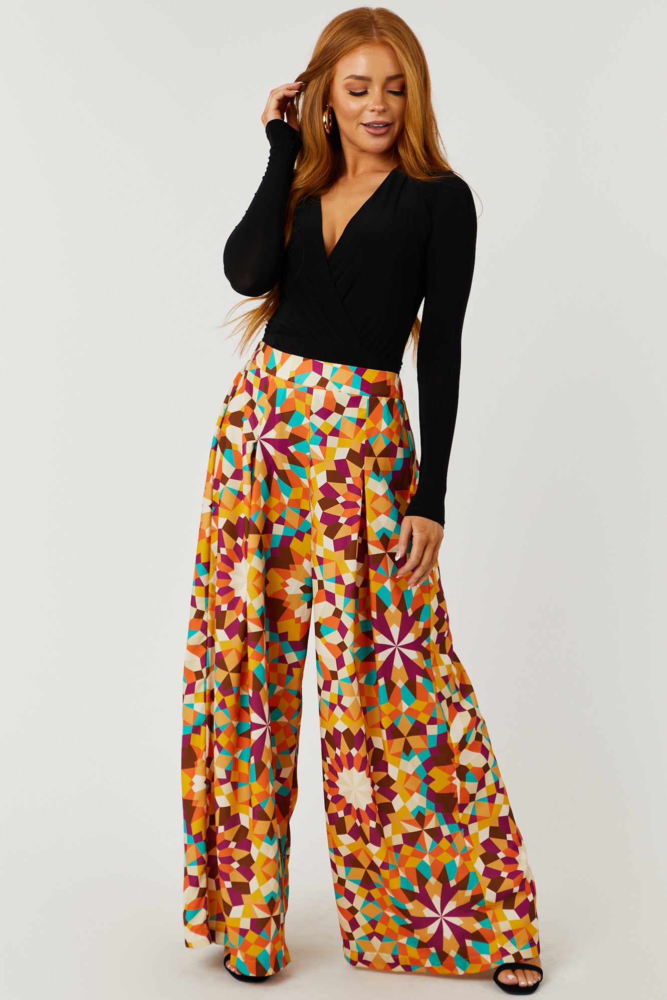 Marigold Geometric Print High Rise Wide Leg Pants