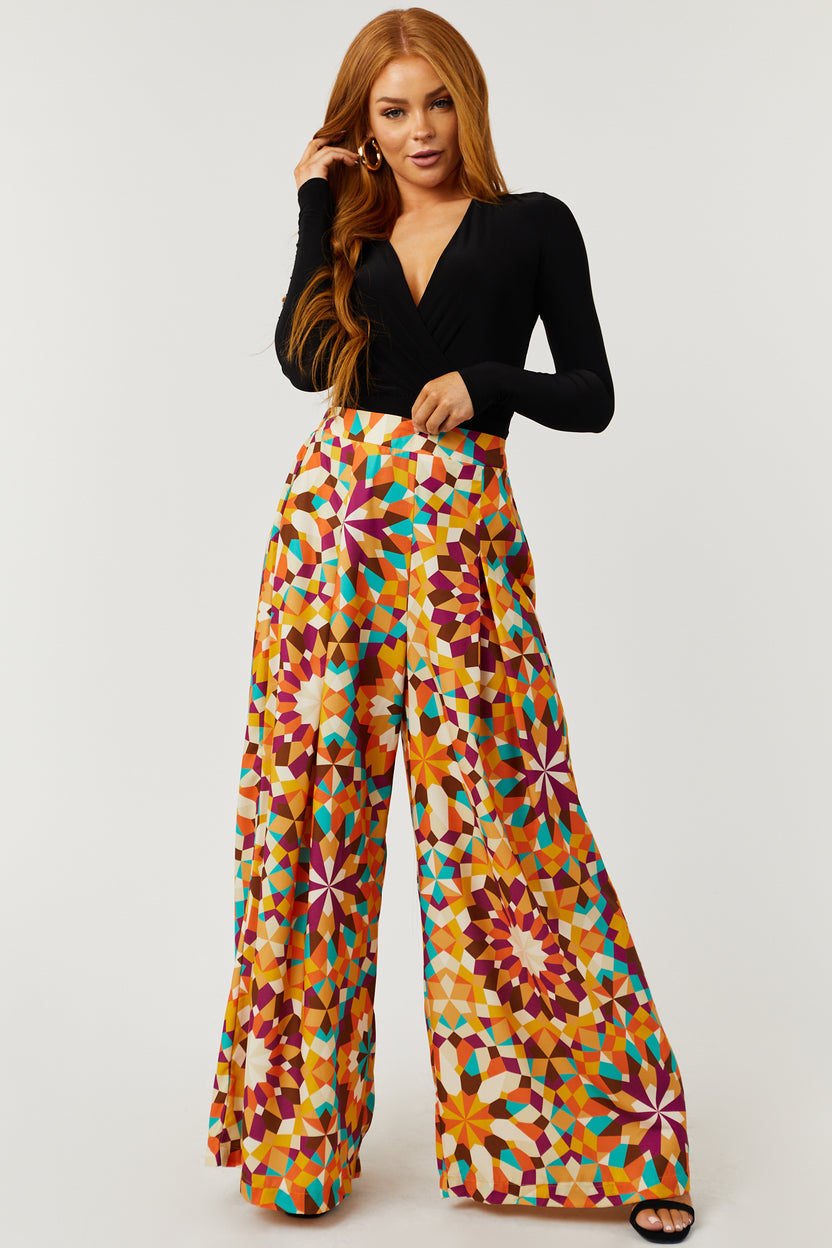 Marigold Geometric Print High Rise Wide Leg Pants