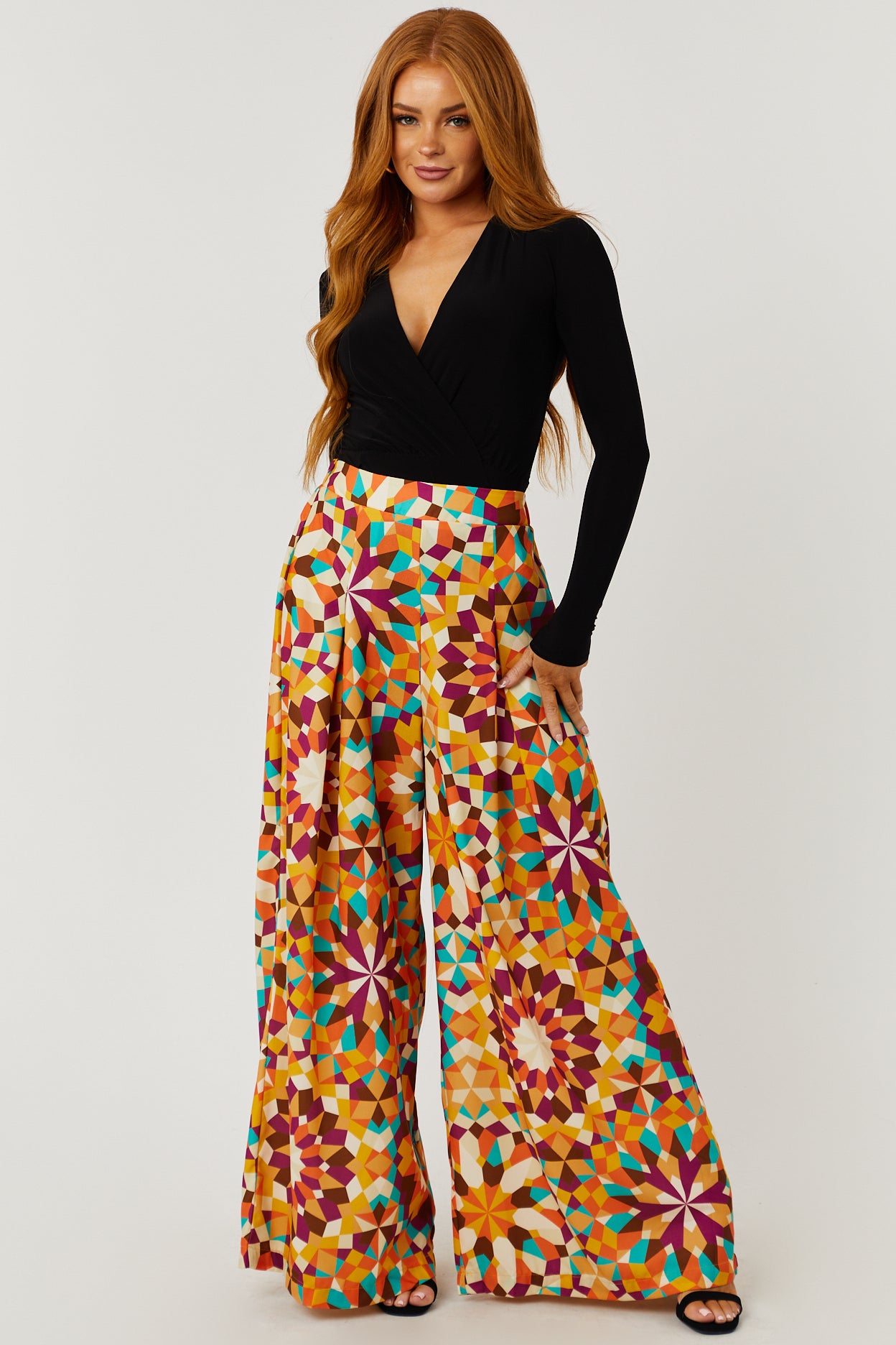 Marigold Geometric Print High Rise Wide Leg Pants